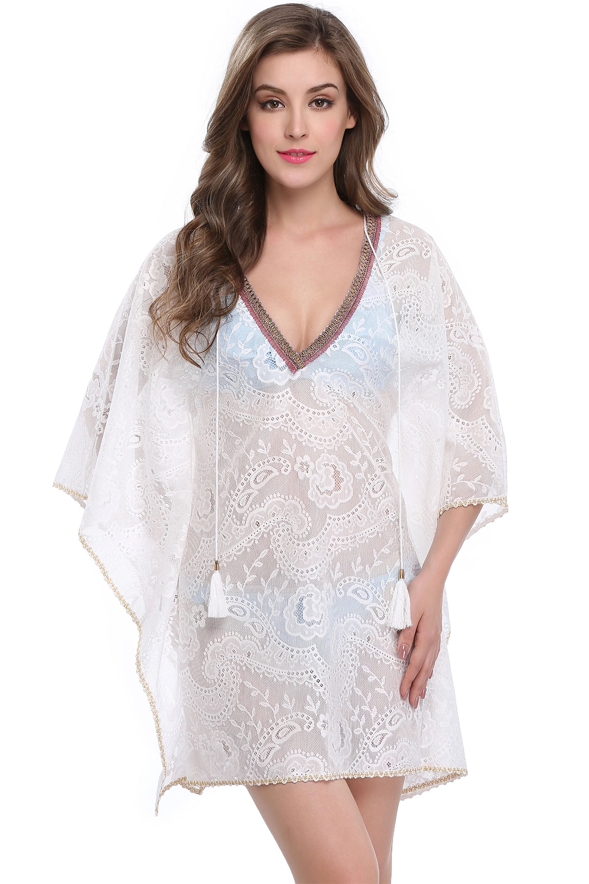 F4643 High Quality White Deep V Lace Beach Cover Dress
